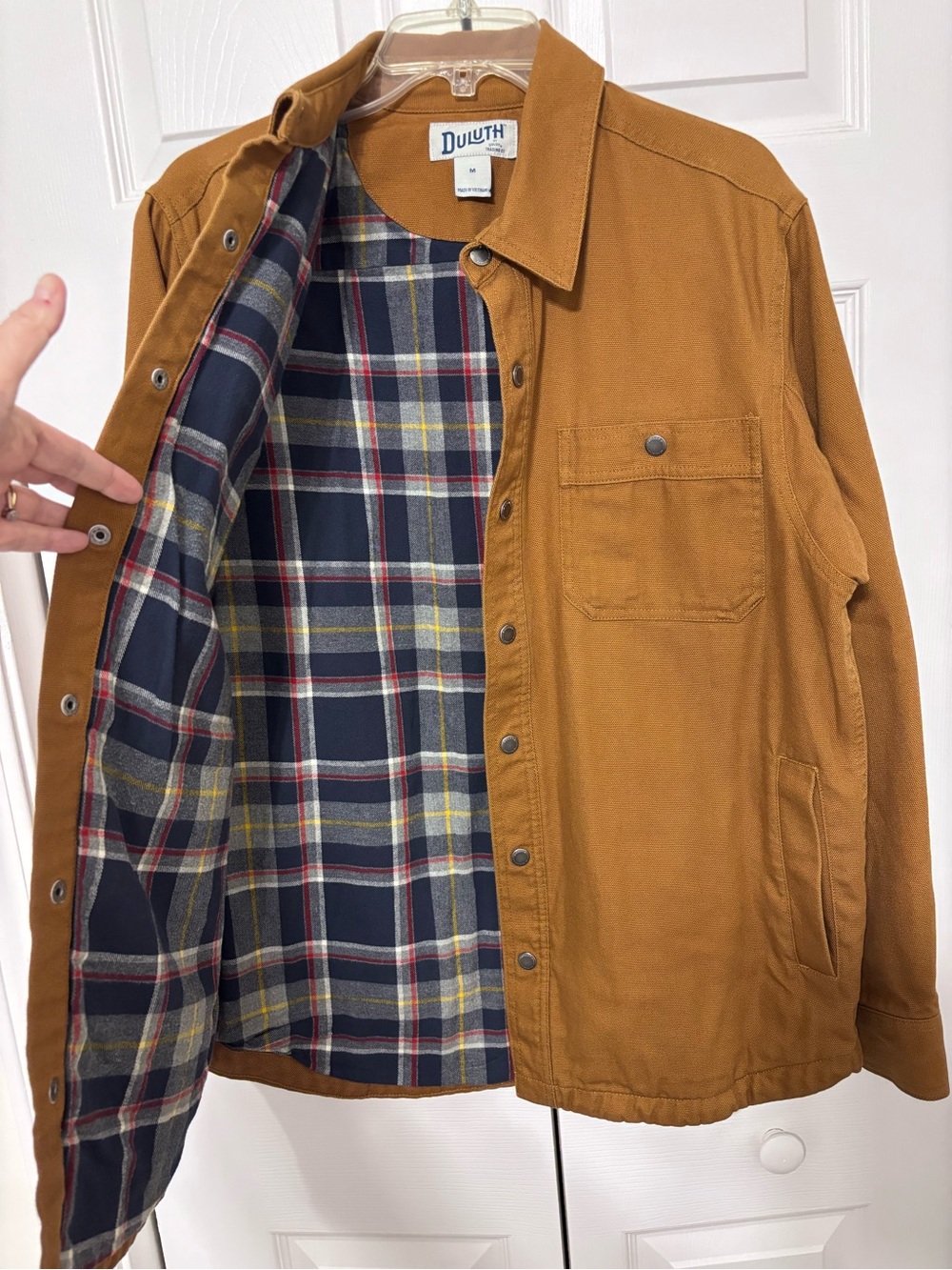 Duluth Trading co men’s tan canvas plaid flannel lined Size Medium Chore coat